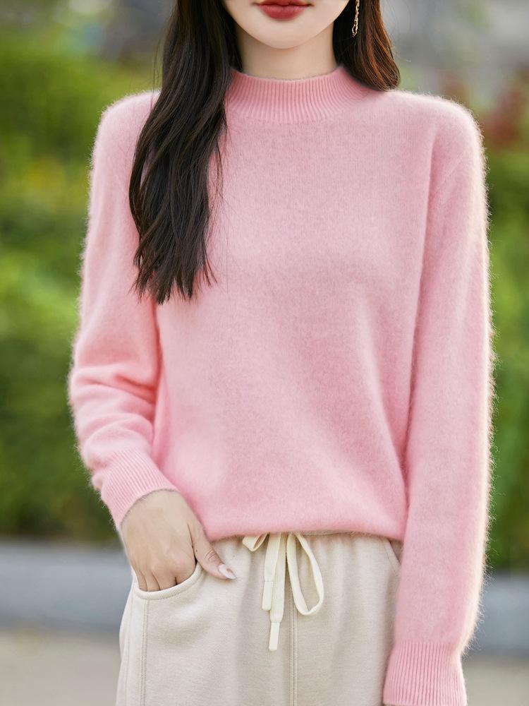 Women's Cream Yellow Wool Brushed Pullover Sweater, Half-High Neck Loose Knitwear Base Layer Top