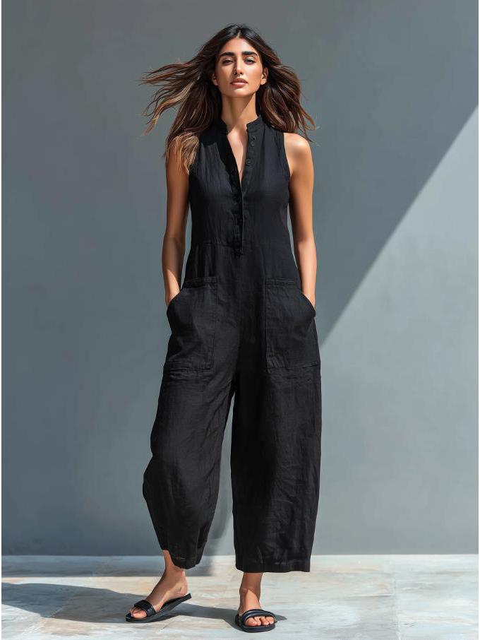 Elegant Summer V-neck Sleeveless Women s Jumpsuit with Pockets S