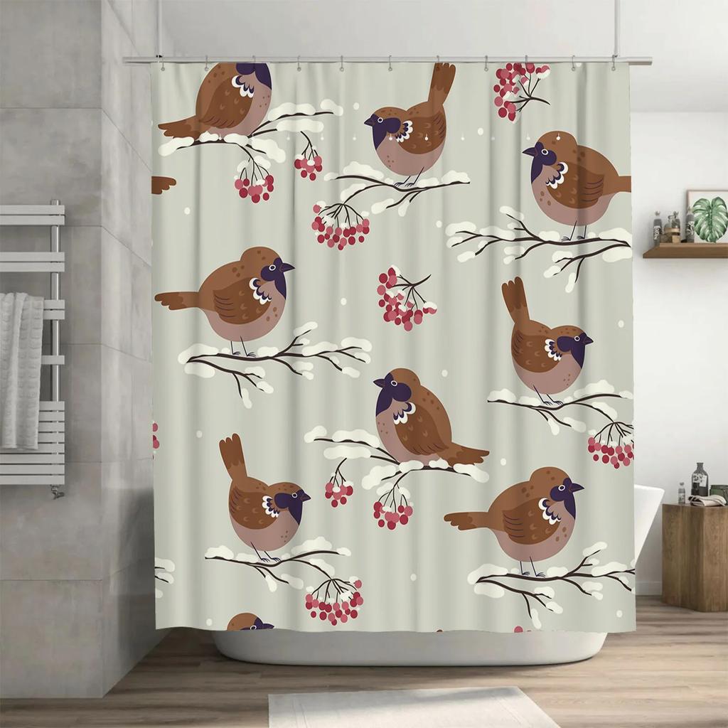 Charming Winter Birds Shower Curtain Snowy Branches Pattern for Bathroom Decor Modern Home Accessories Size72x84 Inches