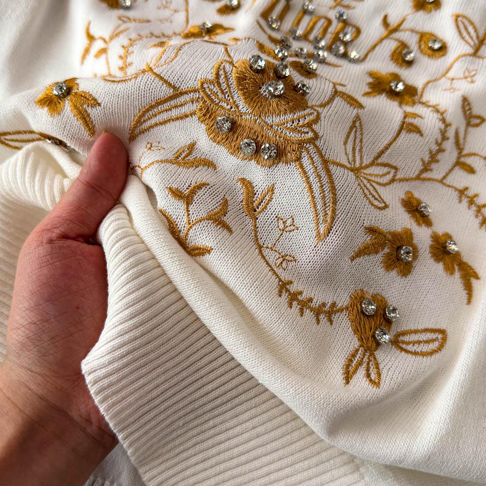 Summer Women O-neck Designer Embroidery Flower Beading Diamonds Knitted Sweater Pullover Tops Tshirt