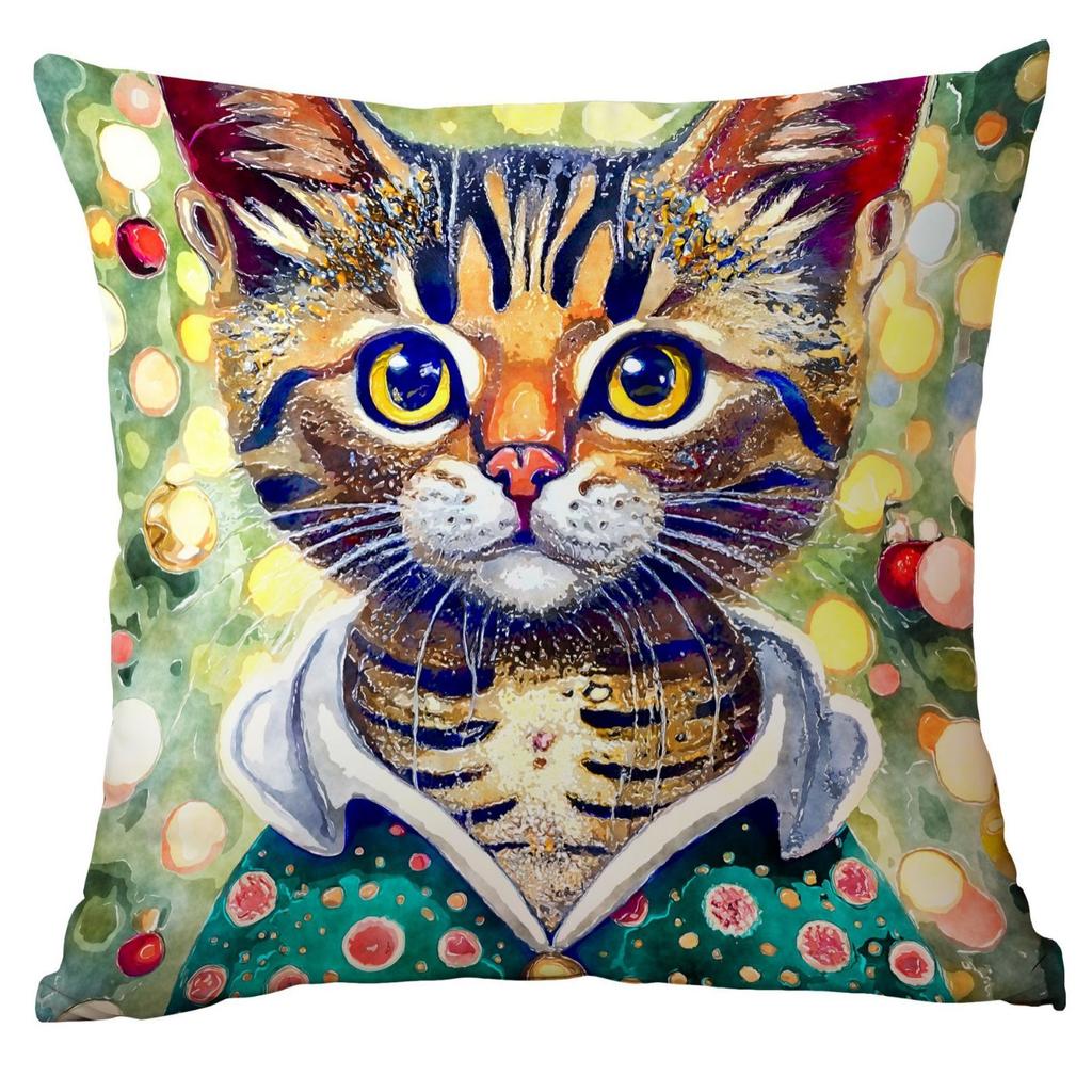 Față de pernă nouă de Crăciun cu desene animate, Crăciun, Acuarelă, Pisică, Creativă, Acuarelă, Sărbători, Casă, Pernă, Față de pernă