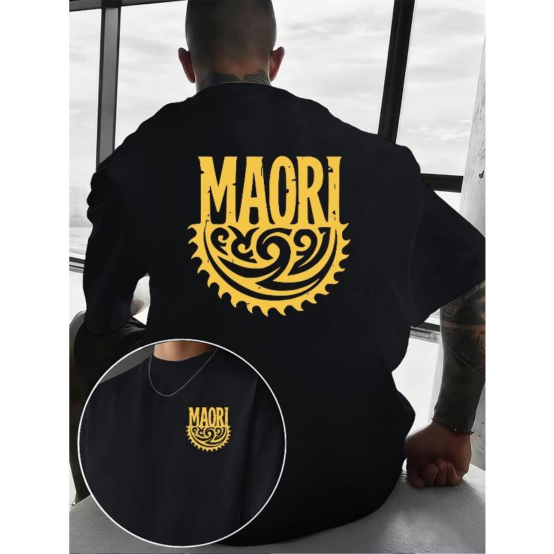 European sizes Men S Casual T-Shirt, MAORI Tribal Emblem Print T-Shirt, Ethnic Trendy,Front And Back Double-Sided Pattern Print S чёрный