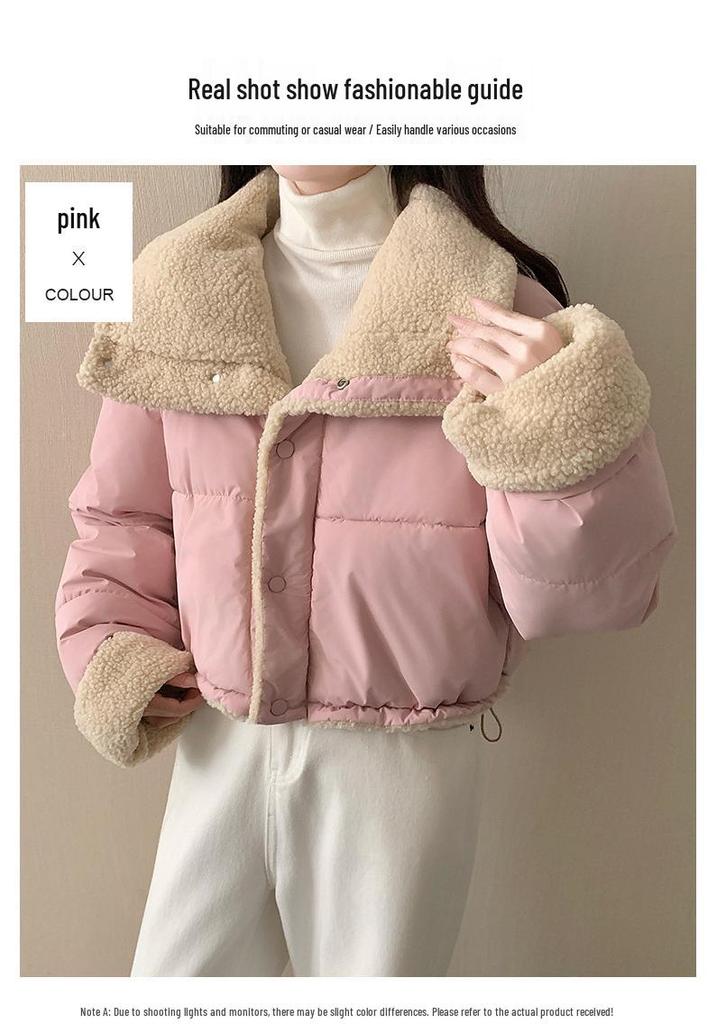 Women's Double-Sided Lambswool Cotton Puffer Jacket - Short Lapel, Loose Fit, Korean Style, Long Sleeve Winter Coat