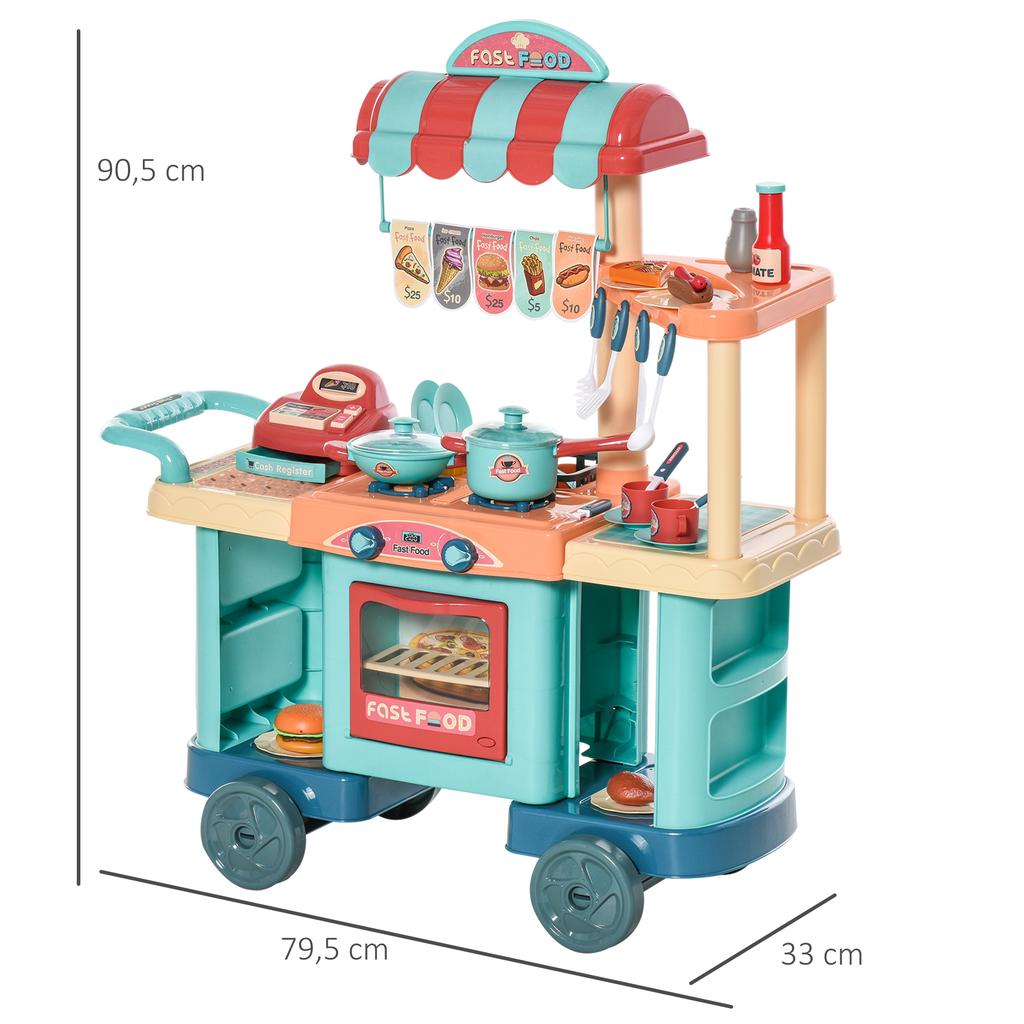 Toy Kitchen for Children 3-6 Years with Wheels Cash Register and Accessories 79.5x33x90.5 Cm Multicolor