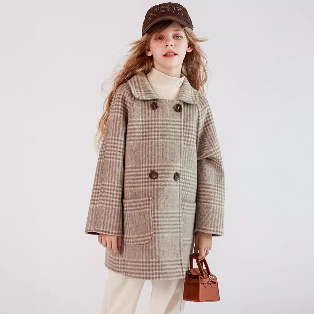 Girls Double-faced Wool Plaid Coat Autumn and Winter Coat Full Wool Thick Medium Length