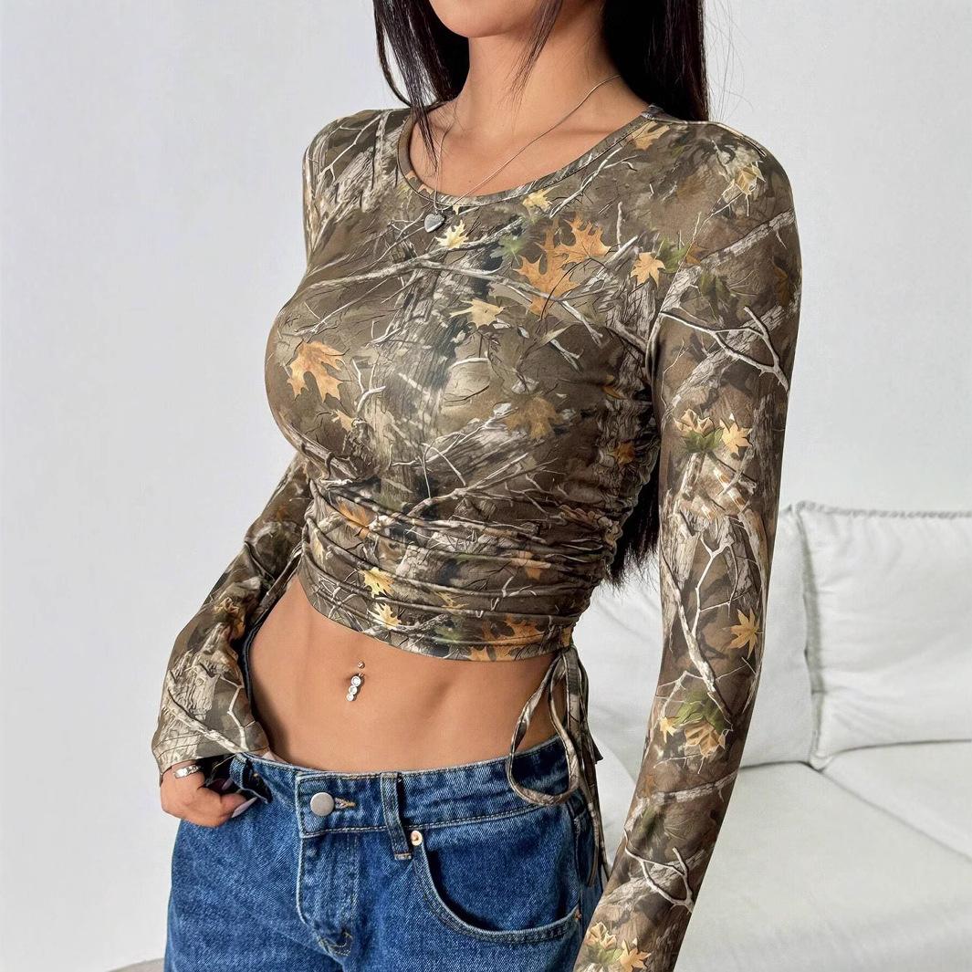 

Spring Ladies Mesh Tree Branch Printing Side Drawstring Slim Short T-shirt Tops Women Versatile Closet Essential Fashion Items Shirt S оливковий