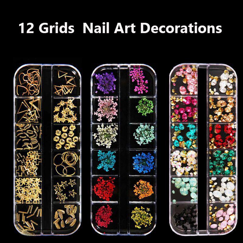 12 Grids Colorful Crystal Nail Art Rhinestones Acrylic Nail Stones Beads Studs Flat Back Shiny Tips 3D Nails Art Decorations
