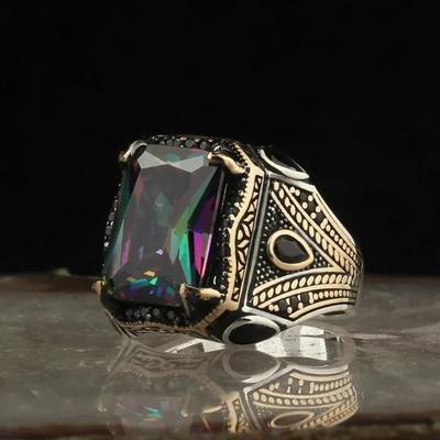 Bagues Sceaux Turques Rétro Faits Main Pour Hommes Bague Sculptée Argent Zircon Mystique Incrusté Bijoux Punk Biker