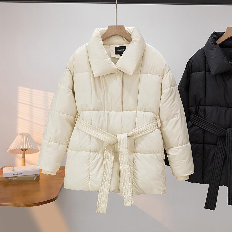 Winter Schlanker Damen Daunen Baumwollparka Knielang Kapuze Gürtel Mantel Gesteppte Jacke