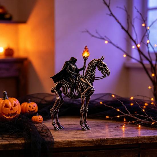 Unique Holiday Desk Ornament Lighted Headless Horseman Resin Figurine, Gothic Halloween Statue with LED Warm Glow, Hooded Style Home Accessory