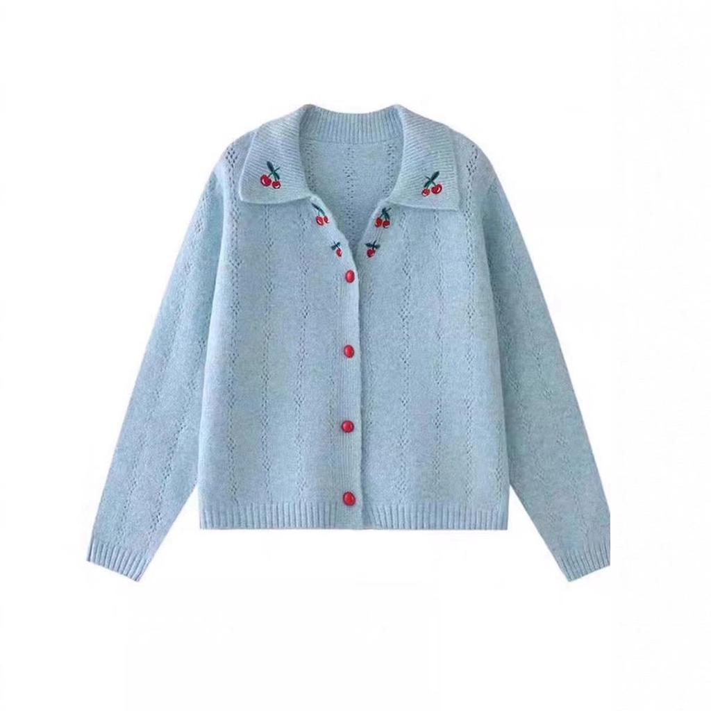 Women's Loose Fit Embroidered Cherry Cardigan