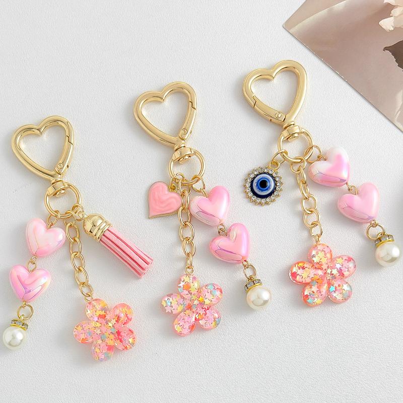 Pink Love Heart Key Chain Pearl Flower Pendant Key Ring Pendants For Women Girls Handbag Decor Jewelry Gift