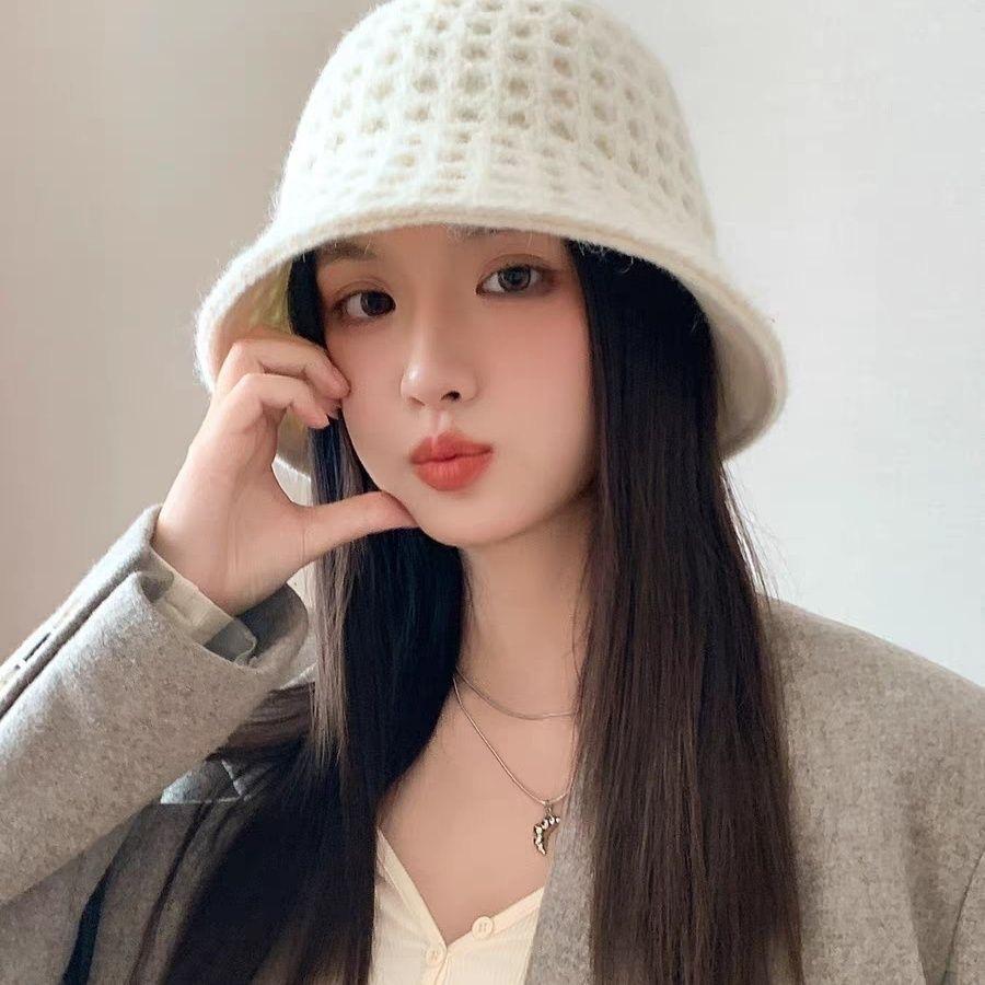 New Double-Sided Hat Knitted Hollow Bucket Hat Autumn and Winter Warm Basin Hat Sun Hat Versatile Bucket Hat Tide