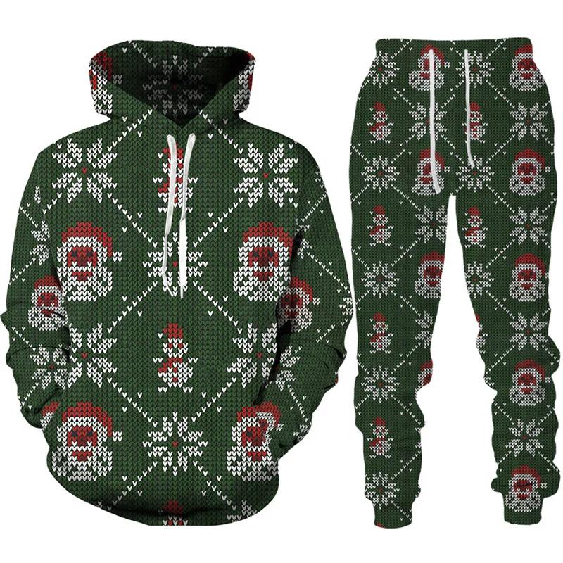 Autumn Winter Men Merry Christmas Hoodie Set Cartoon Santa Claus Clothing Male Fashion Hooded Coat Pullover Casual Streetwear