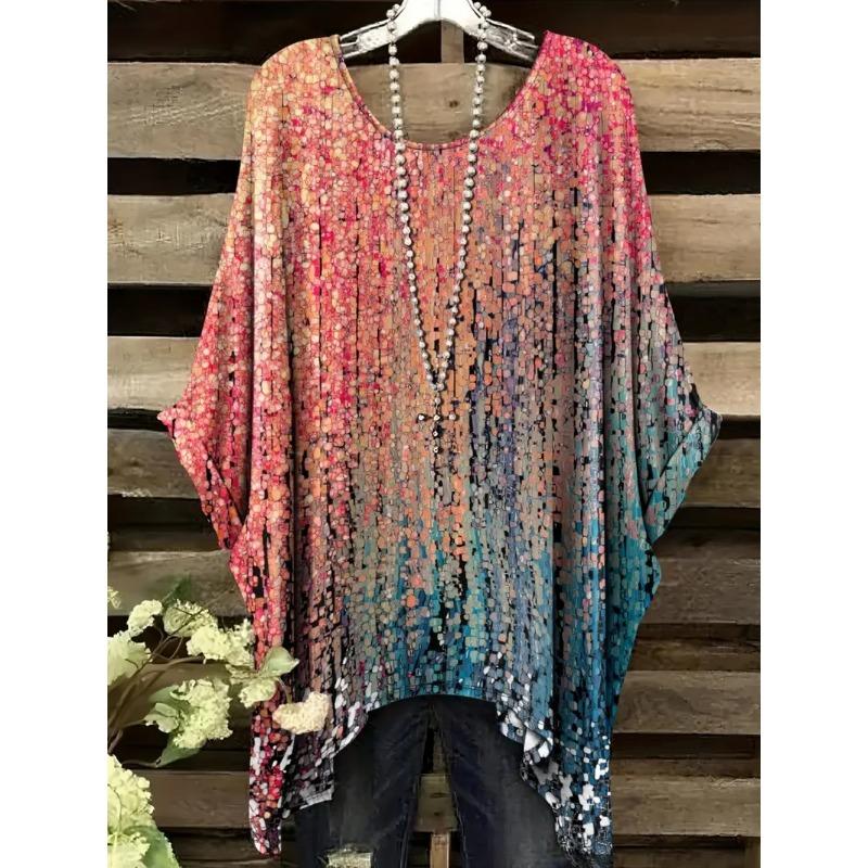 Damskie T-shirty Letnie Gradientowe Sequin Graficzne Topy Dekolt O-neck Damska Odzież Vintage Kwiatowy Nadruk Koszulki Luźne Oversize