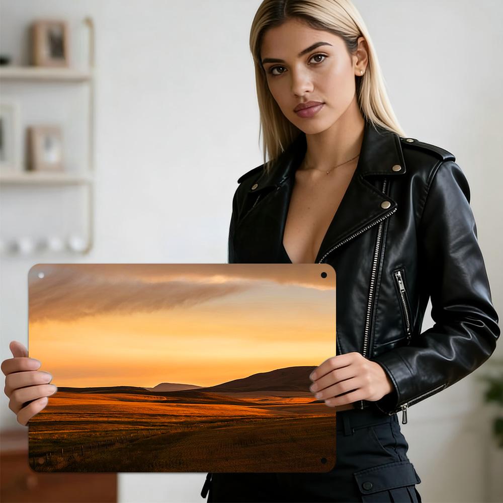 HD Metal Tin Sign Golden Sunset Over Rolling Prairie Hills with Warm Orange Skies Serene Rural Landscape Wall Decor 20x30cm（7.8x11.8inch）