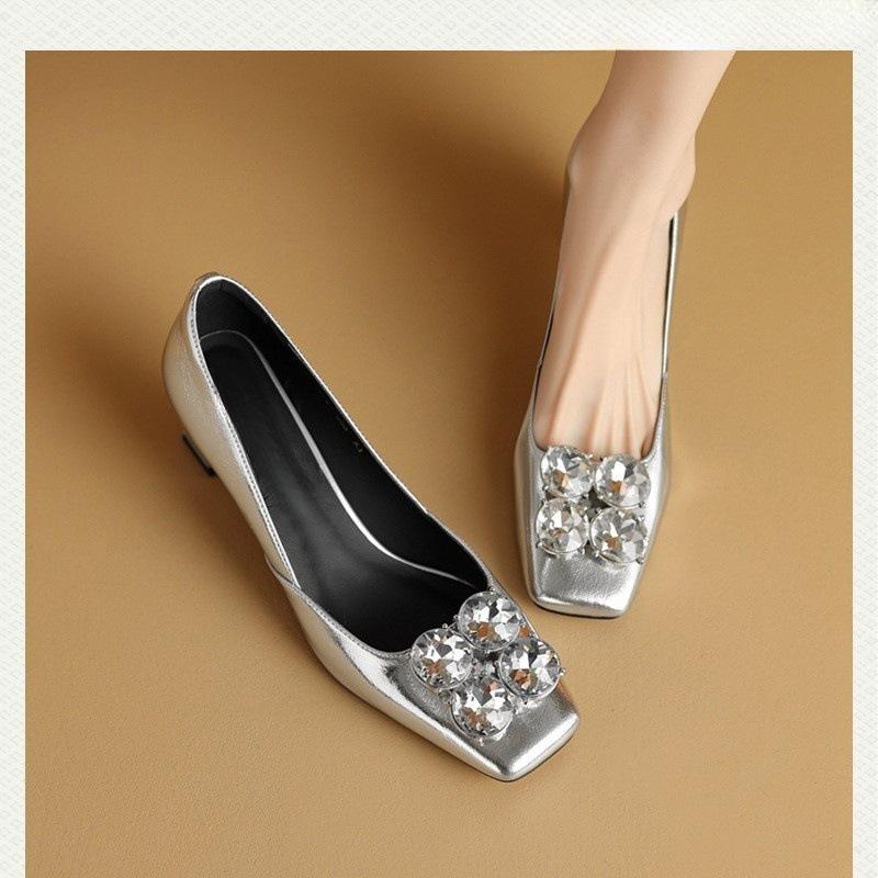 Temperament Versatile High Heels Women's 2025 New Spring and Summer Women's Shoes Square Head Silver Rhinestone Light Mouth Work Shoes