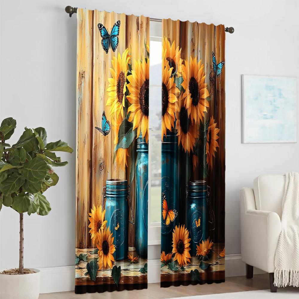 Set Of 2 Versatile Polyester Transparent Curtains Home Decoration Sunflower Butterfly Use Bedrooms Living Rooms Curtain Perfect For Room