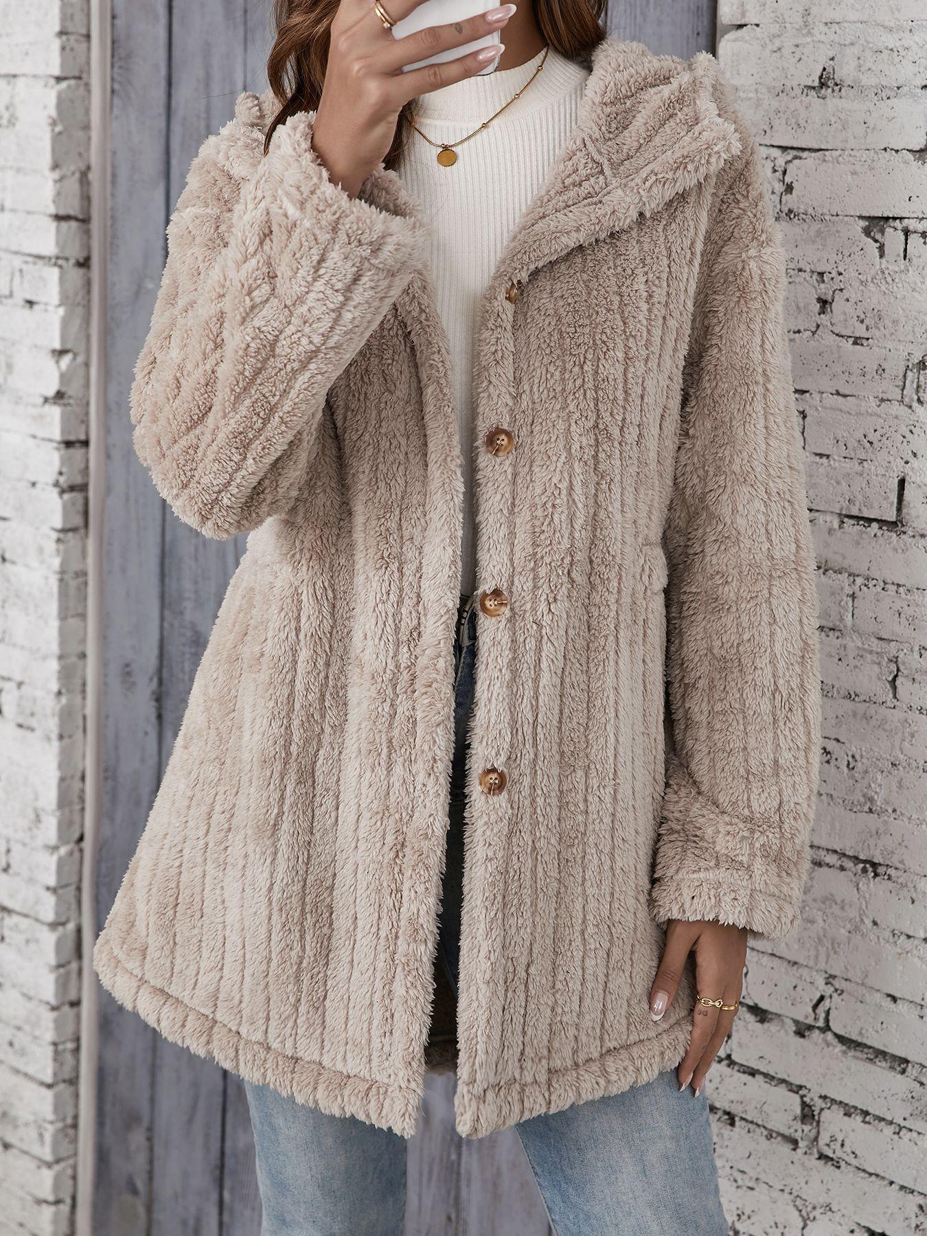 

Женский модный повседневный теплый толстый плюшевый полосатый рельефный кардиган на пуговицах с капюшоном XL хаки