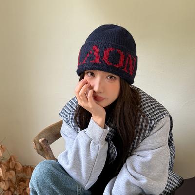 Hipster Letter Embroidery Knitted Hat Women's Autumn and Winter Cool Sa Cold Hat Keep Warm Big Head Circumference Show Face Small Wool Hat Tide