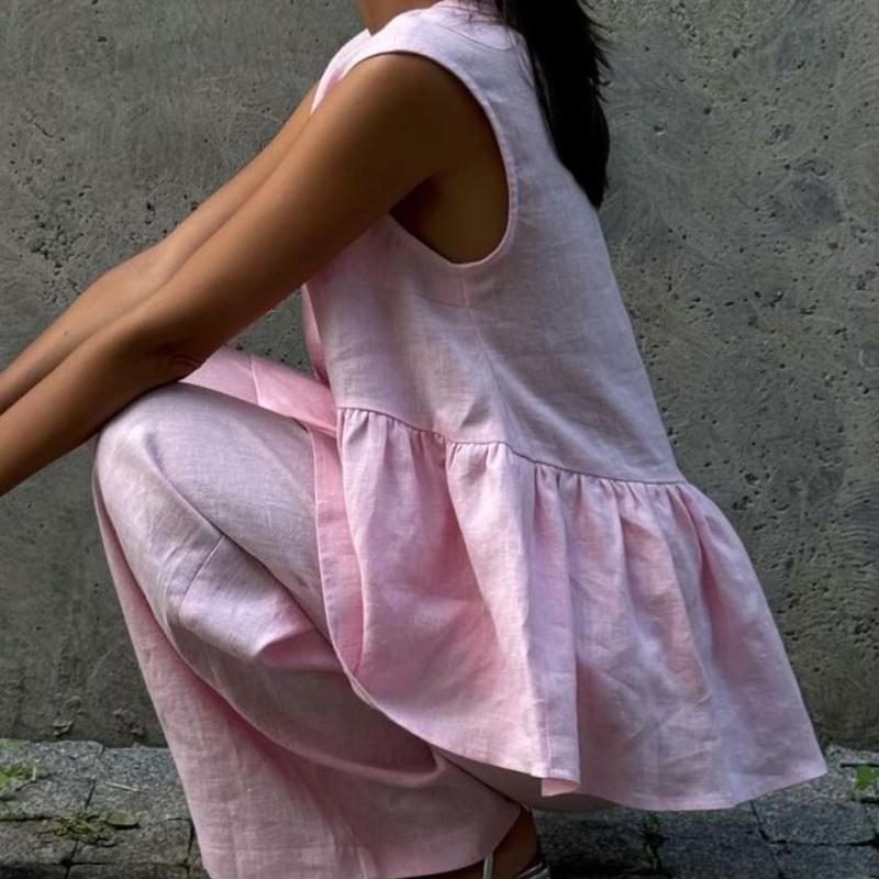 New Pink Sweet Two-Piece Set All-Cotton V-Neck Sleeveless Vest Top Long Pants Suit for Women