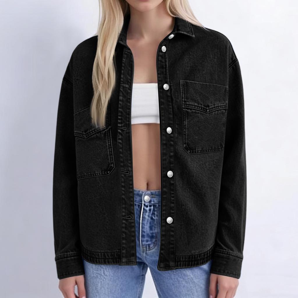 Women's Washed Vintage Loose Fit Casual Denim Shirt Jacket Button Down Long Sleeve Pocket Detail Lightweight Outerwear