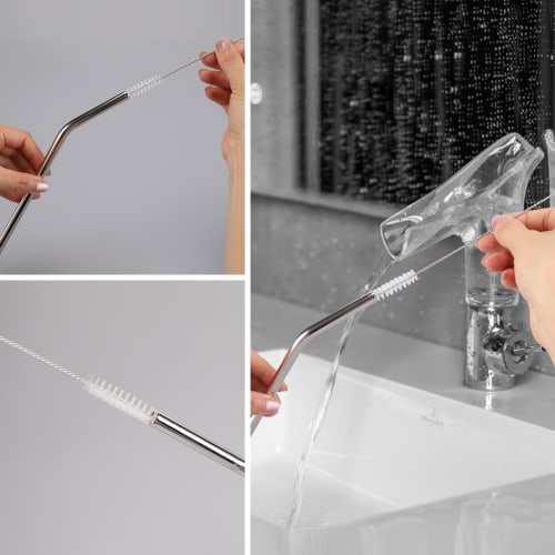 [Designed by a Tableware Expert] Set of 2 Stainless Steel Long Straws | Approx. 300mm (Fits 30/40 oz) | BPA-Free and Reusable | Includes Cleaning Brus