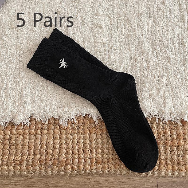 5 Pairs Autumn and Winter New Wool Socks Fashion Embroidery Bee Ankora Red Light Luxury Niche Mid-calf Socks
