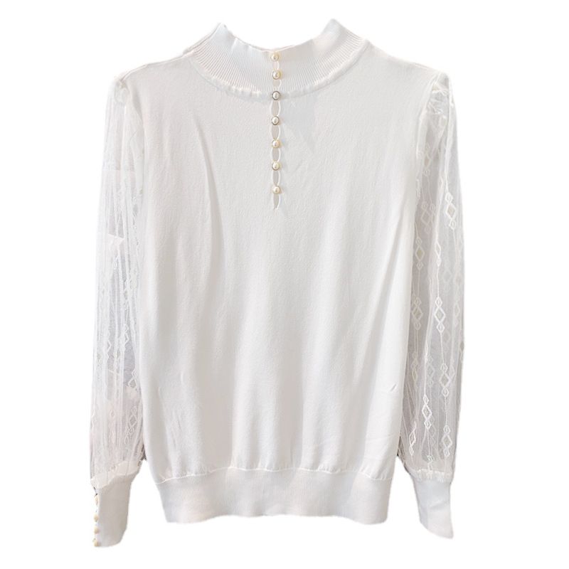 Maglia Intima a Maniche Lunghe con Collo Semi-Alto e Fondo in Pizzo da Donna Autunno Inverno Aderente Top in Maglia Blusa in Rete