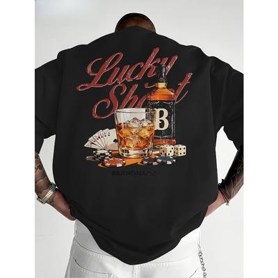 T-shirt Casual a Maniche Corte da Uomo Taglia Europea - T-shirt a Maniche Corte American Vintage Lucky Shot da Uomo con Stampa Whiskey, Poker e Dadi