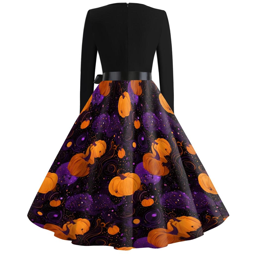 Abito casual da donna a maniche lunghe con scollo a V, stile vintage, con stampa di zucche di Halloween, stile retrò, gonna ampia, con cintura in vita per l'uso stagionale