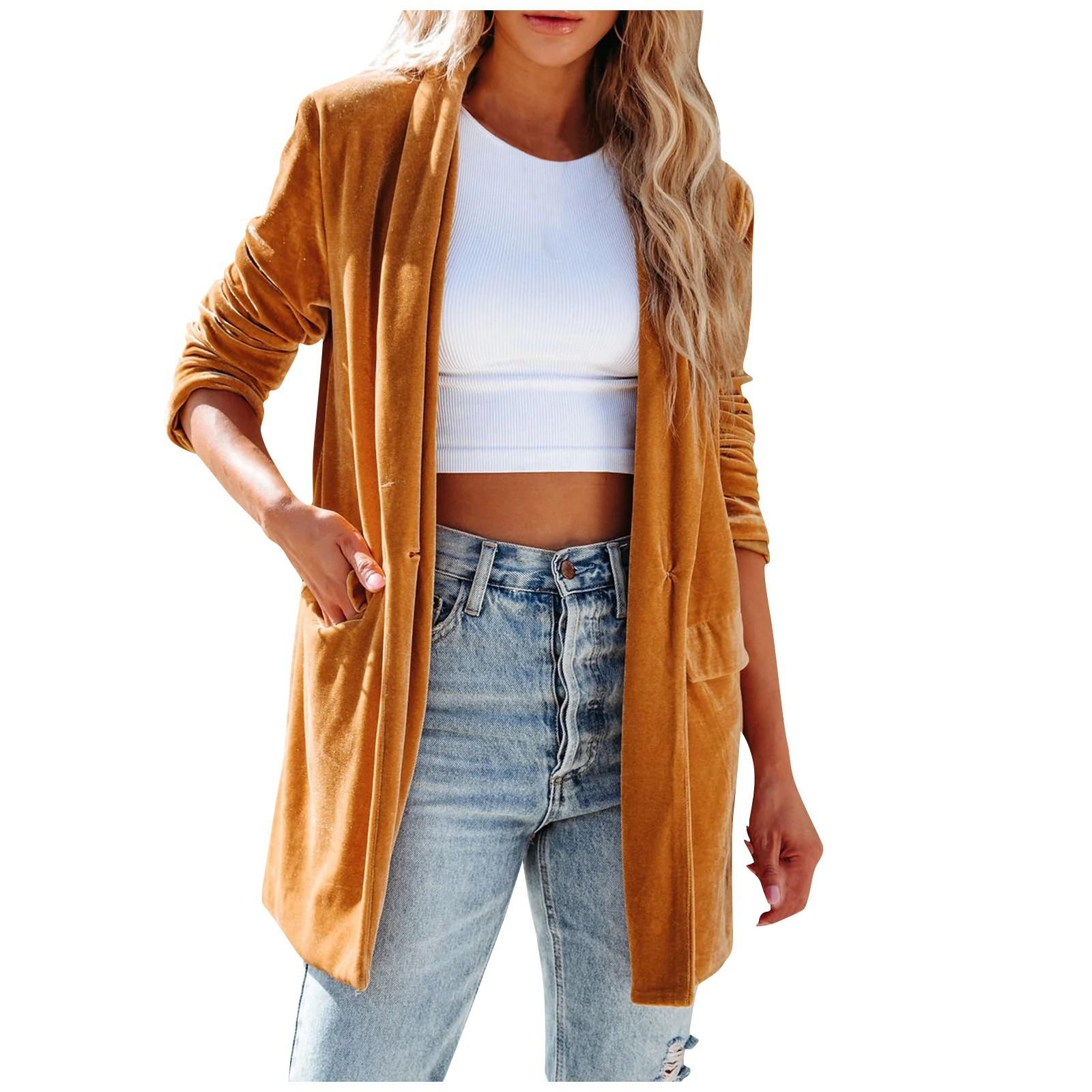 

Женский однотонный пиджак с длинным рукавом из бархата, костюм с открытым передом, пальто-кардиган с карманами, верхняя одежда M золотой