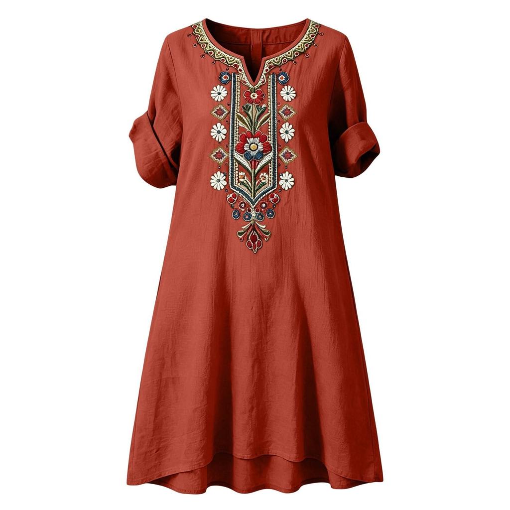 Damen Freizeit lockerer Schnitt besticktes Kleid Kurzarm V-Ausschnitt schlichtes Tunikakleid mit Taschen Leicht bequem