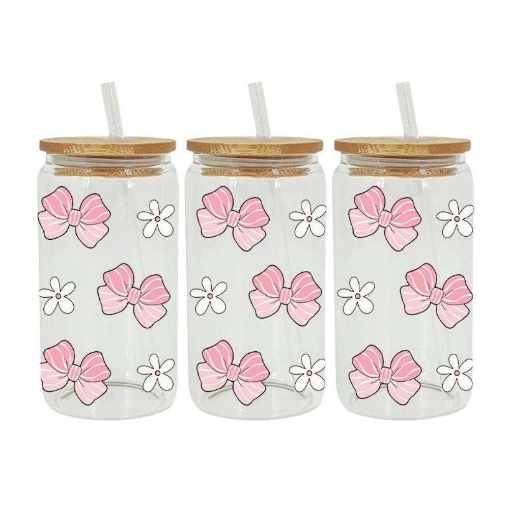 Clear Libbey Glasses Wraps Bow Theme Cup Decals Creative Pink Bow Decals  For 16Oz Glass Cup