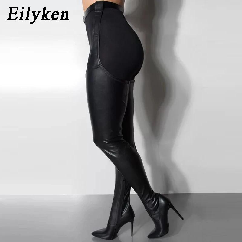 Mode Eilyken PU-Leder Overknee-Stiefel Damen Sexy Stil Oberschenkelhohe Stiefeletten Spitze Zehen Riemen mit Schnalle Fetisch Stripper Tanzschuhe