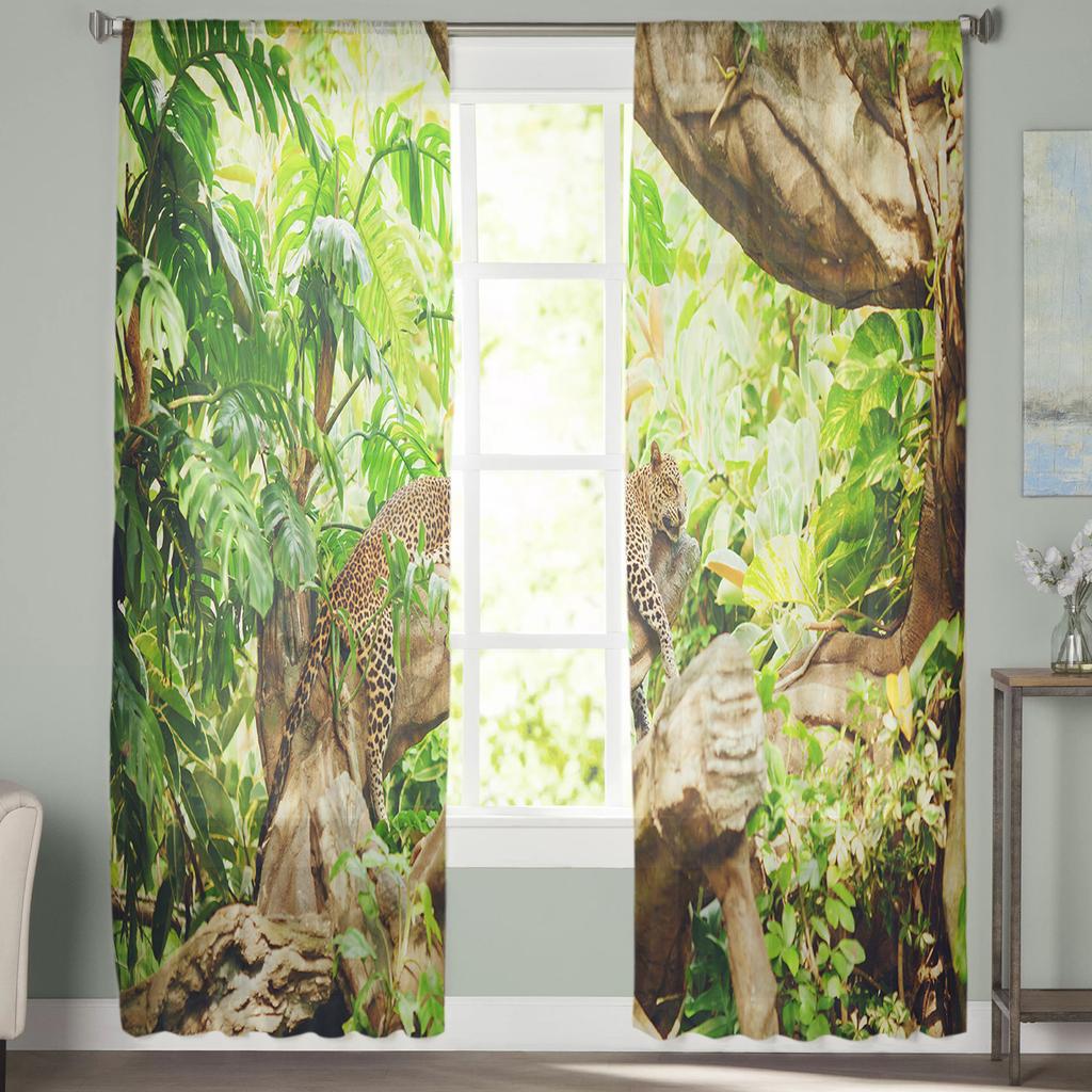 Tropical Rainforest Cheetah Jungle Leopard Green Sheer Curtains for Living Room Bedroom Decor Window Voile Tulle Curtain Drapes