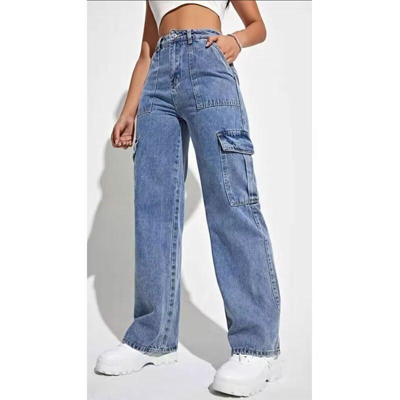 Womens Rigid Straight Fit Denim Pants With Multiple Pockets Vintage Washed Blue High-Waisted Casual Jeans