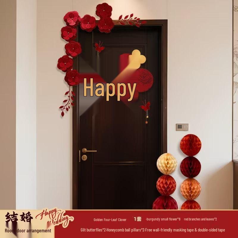 Wedding Decoration Set: Groom & Bride Xi Character Door Stickers & Hanging Ornaments