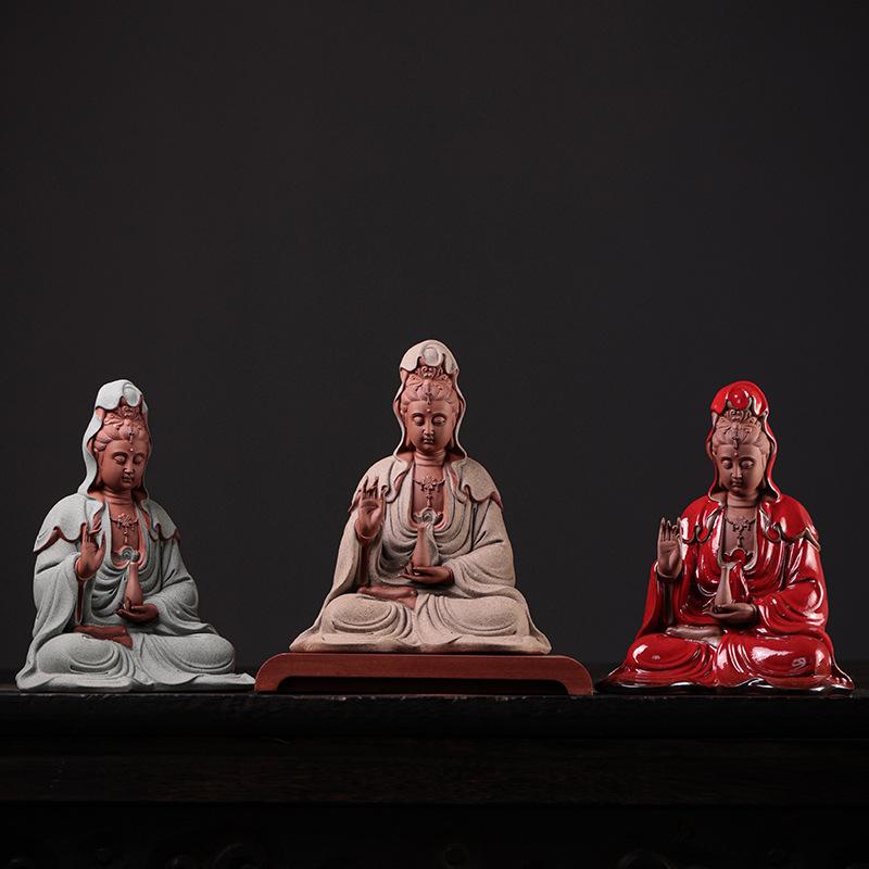 Y New Chinese Zen Guanyin Bodhisattva Buddha Statue Ornament Home Office Tearoom Decoration Crafts Purple Sand Buddhist Decor