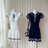 Women's White Short Sleeve Peter Pan Collar Bow Sundress Striped Hem Stretchy Ribbed Knit A-Line Mini Dress Casual Party Dress