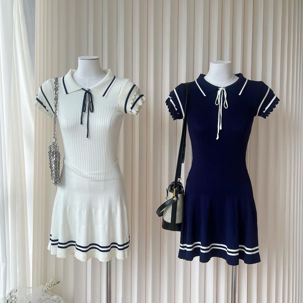 Women's White Short Sleeve Peter Pan Collar Bow Sundress Striped Hem Stretchy Ribbed Knit A-Line Mini Dress Casual Party Dress