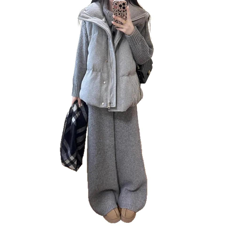 Retro Three-Piece Winter Set: Grey Knitted Cardigan, Warm Cotton Vest, and Cozy Pants