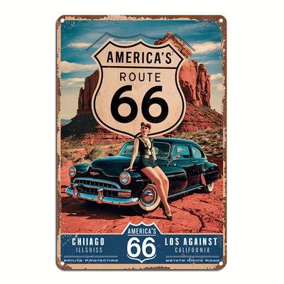 Vintage Route 66 Metal Tin Sign  Retro Wall Art with Classic Car  Woman In Glasses for Cafe Kitchen Bar Home Decor Perfe