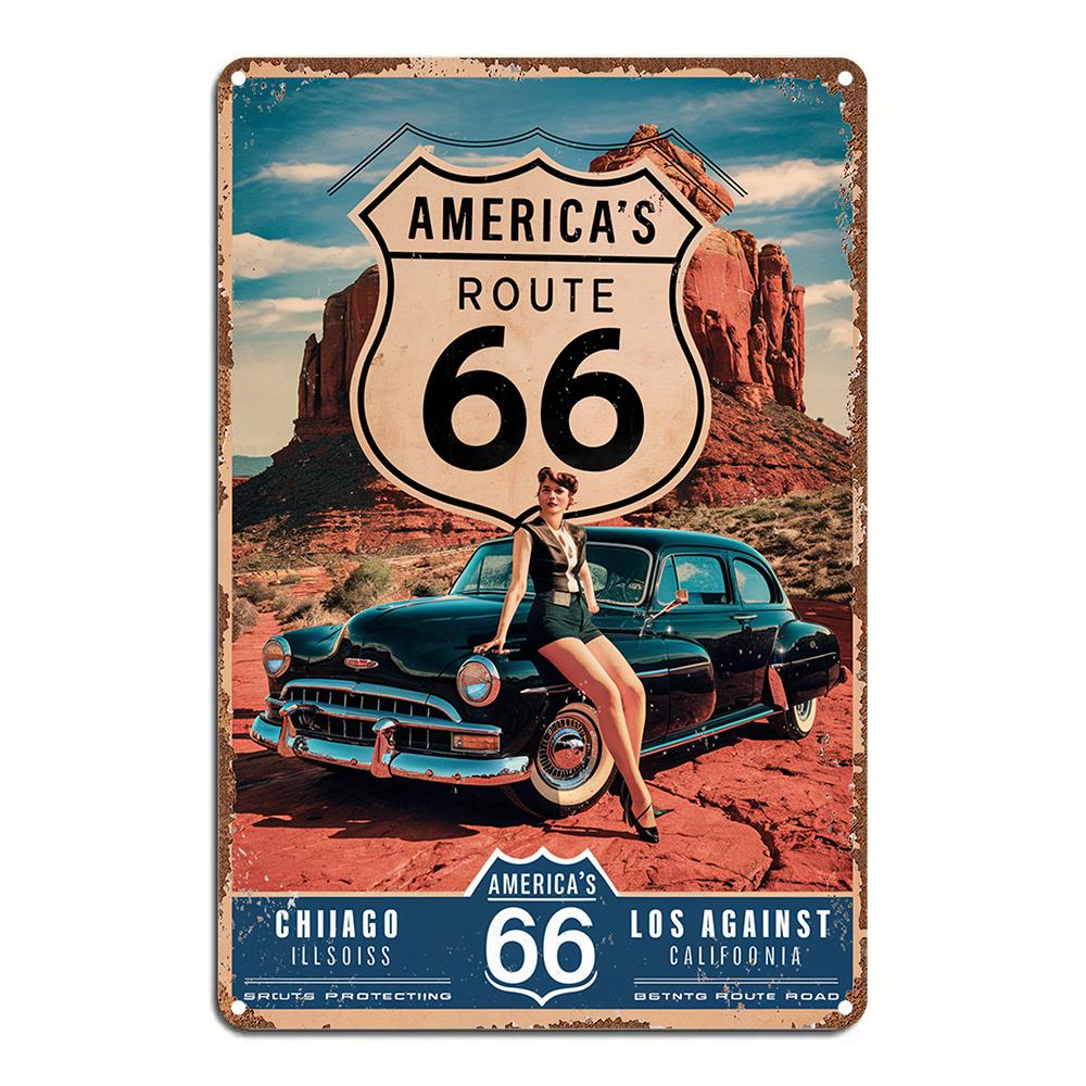 

Винтажная металлическая жестяная вывеска Route 66 Ретро настенное искусство с классическим автомобилем Женщина в очках для кафе Кухни Бара Домашний декор Идеа 20x30cm（7.8x11.8inch）