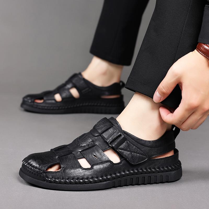 Fashion Leather Sandal for Men Round Toe Light Comfortable Mens Sport Sandals Trendy All Match Breathable Non Slip Beach Shoes