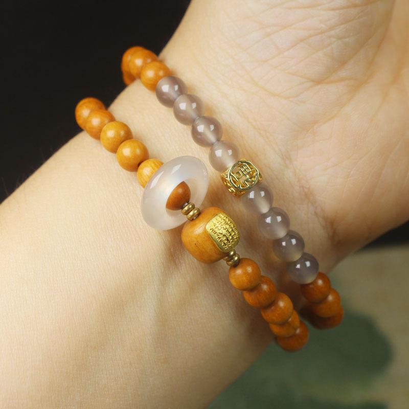 6mm Sandalwood Double Layer Bracelet Five Sutras Agate Sliding Ring Personalized DIY Wooden Hand Jewelry
