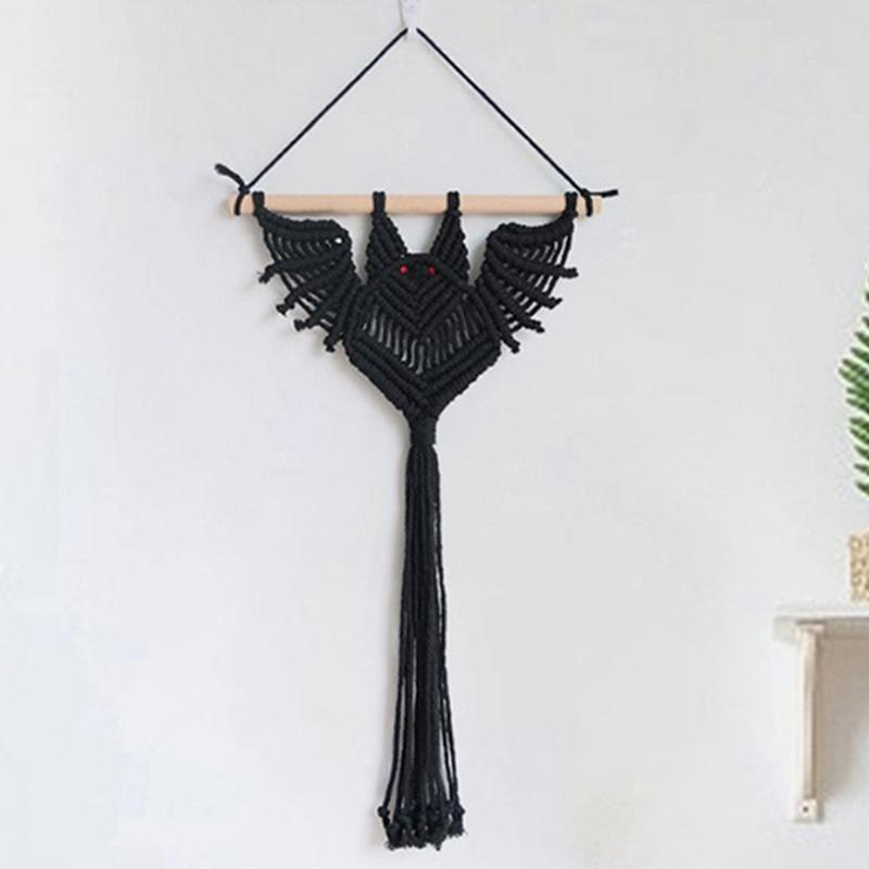 Halloween Bat Macrame Wall Hanging Geometric Art Decor Handmade Woven Gothic Ornament For Bedroom Black Durable Easy Install