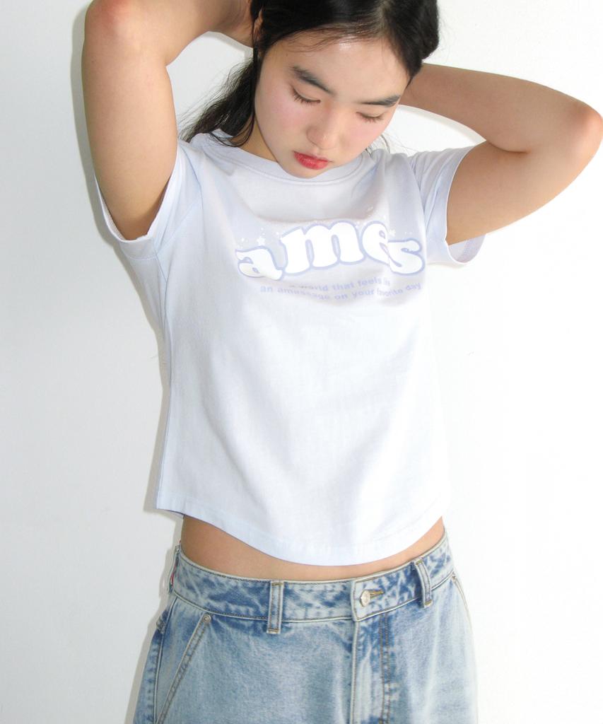 AMES-WORLDWIDE Shining Ames Round Hem Crop Tee Blue