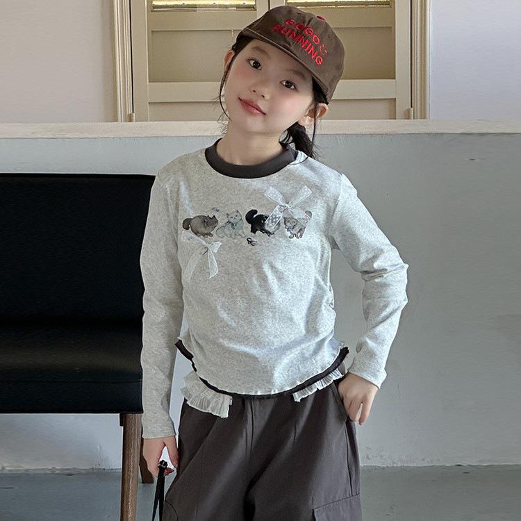 2026 Autumn Cat Print Girls' Long Sleeve T-shirt & Lace Waist Cargo Pants Set for Older Children