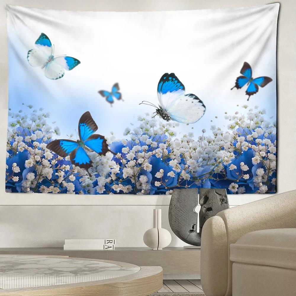 Floral Flowers And Blue Butterfly Tapestry Wall Hanging Bohemian Minimalist Art Modern Style Bedroom Living Room Home Decor